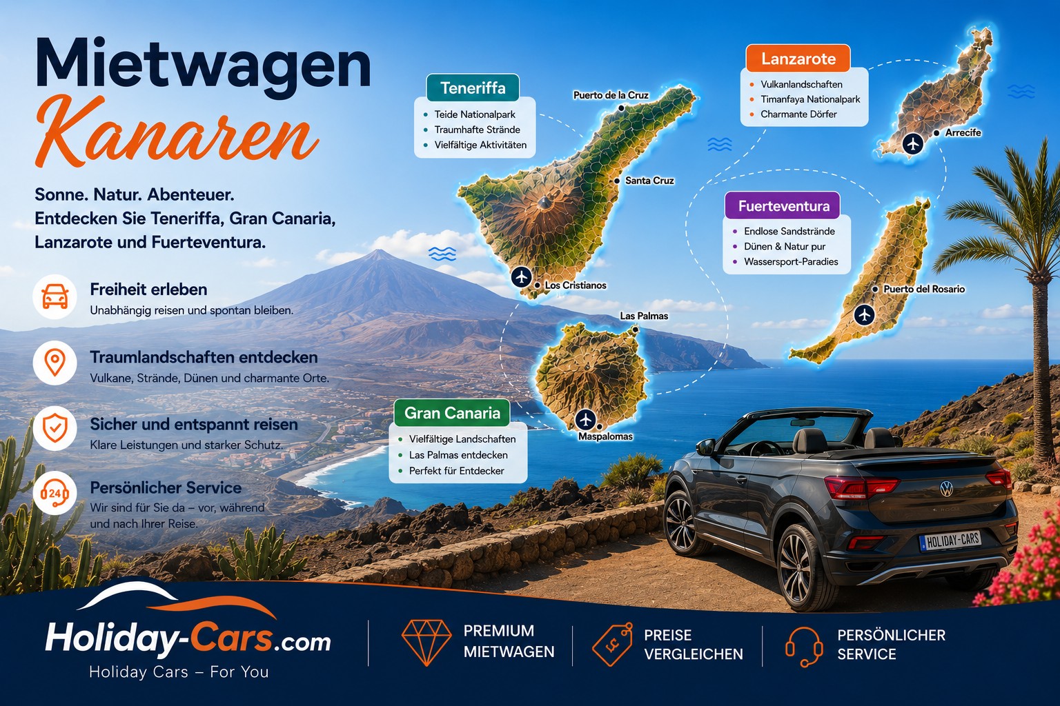 Mietwagen Kanaren mit Holiday-Cars vor kanarischer Küstenlandschaft